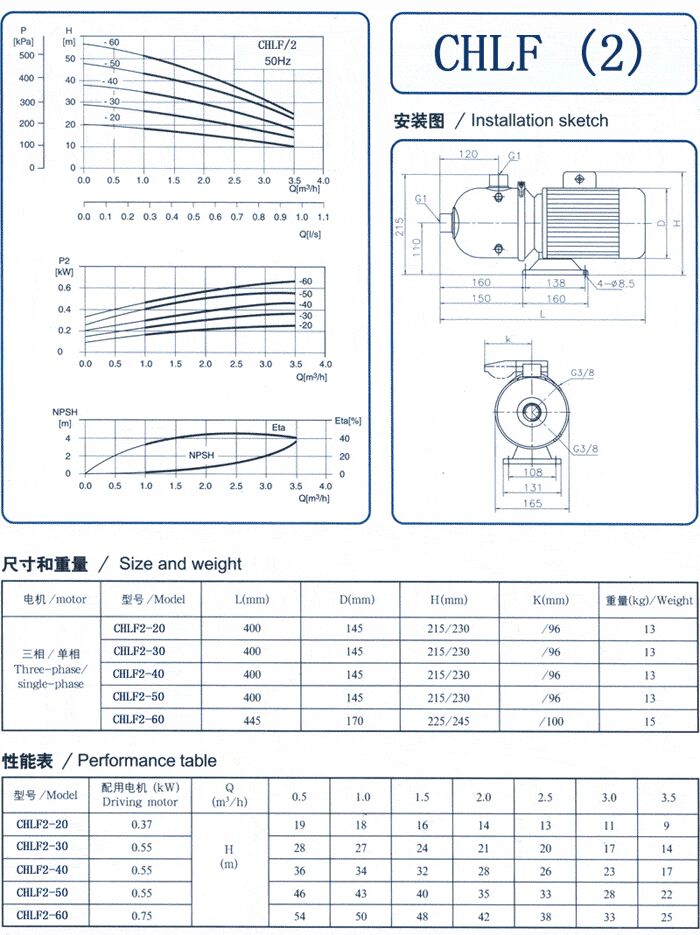 CHLF輕型不銹鋼多級(jí)離心泵尺寸和重量、性能表