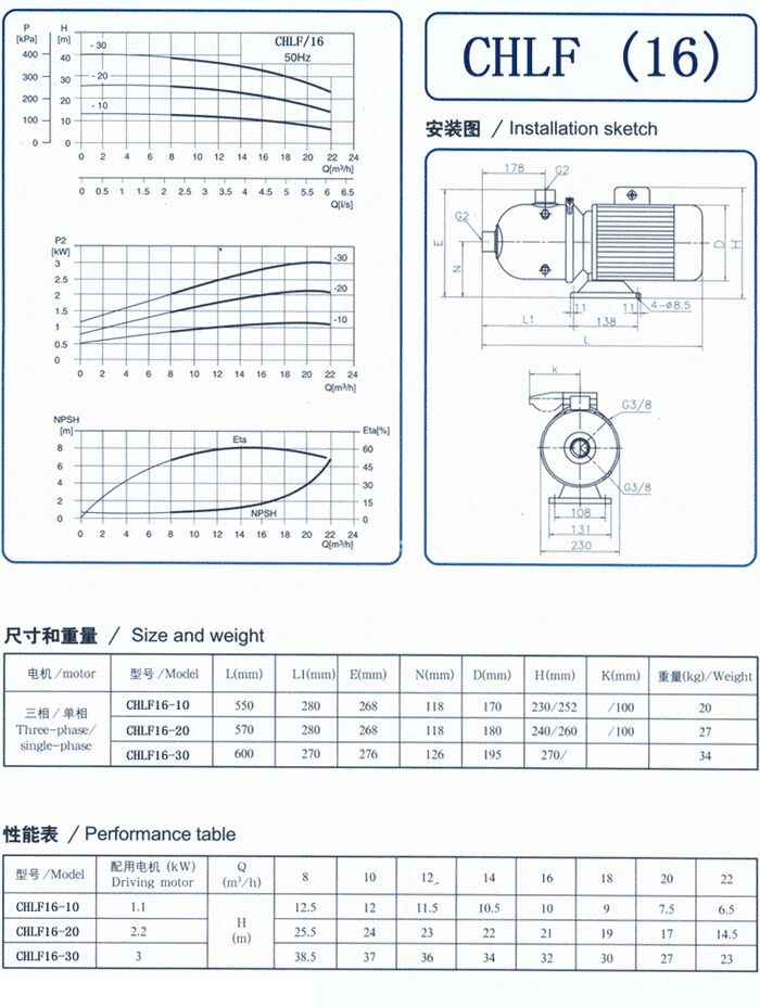 CHLF輕型不銹鋼多級(jí)離心泵尺寸和重量、性能表