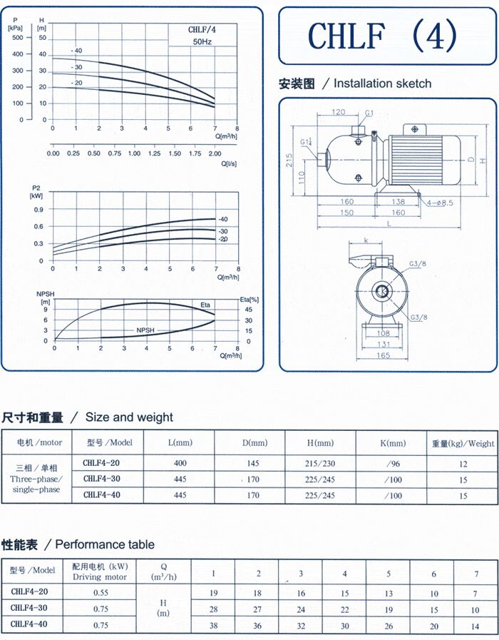 CHLF輕型不銹鋼多級(jí)離心泵尺寸和重量、性能表